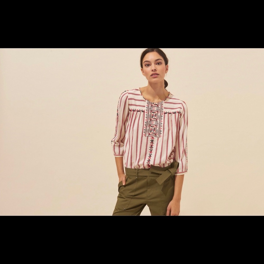 BA&SH Ruth Embroidered Striped Cotton Top In Off White